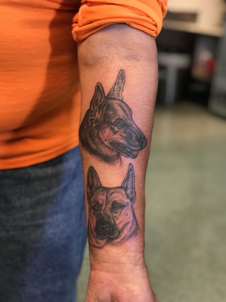 Two black-and-grey German Shepherd portraits stacked on a forearm